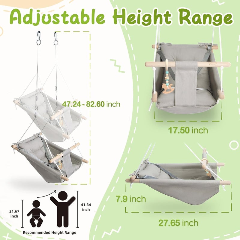gladswing Baby Swing Indoor and Outdoor, Canvas Hammock Swing for Baby to Toddler with a Comfortable Seat, Macaroon Wooden Toy, Adjustable 5-Point Harness,3 Modes,Gift for Baby Boys Girls, Grey - Image 5